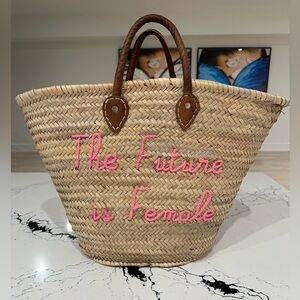 Straw Tote Bag with Pink Embroidery by Poolside Collective